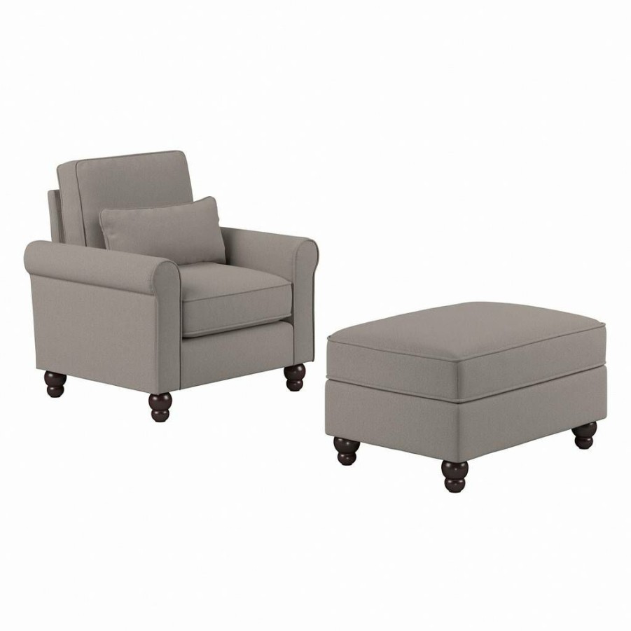 Living & Family Room Furniture * | Hot Sell Bush Furniture Hudson Accent Chair With Ottoman Set In Beige Herringbone Bush Furniture Hdn010Bgh