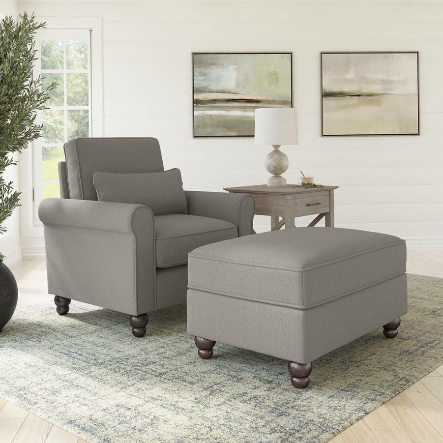 Living & Family Room Furniture * | Hot Sell Bush Furniture Hudson Accent Chair With Ottoman Set In Beige Herringbone Bush Furniture Hdn010Bgh