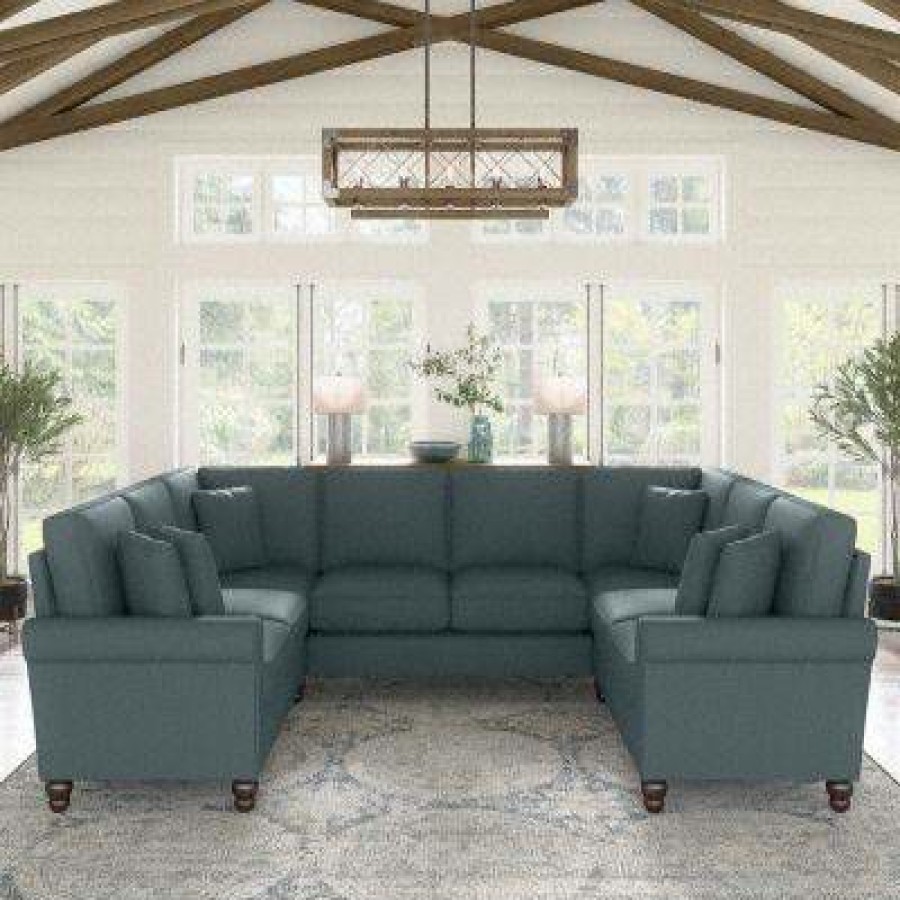 Living & Family Room Furniture * | Quick Delivery Bush Furniture Hudson 113W U Shaped Sectional Couch In Turkish Blue Herringbone Bush Furniture Hdy112Btbh-03K