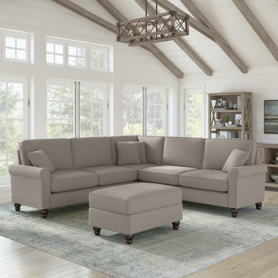 Living & Family Room Furniture * | Clearance Sale Bush Furniture Hudson 99W L Shaped Sectional Couch With Ottoman In Beige Herringbone Bush Furniture Hdn003Bgh