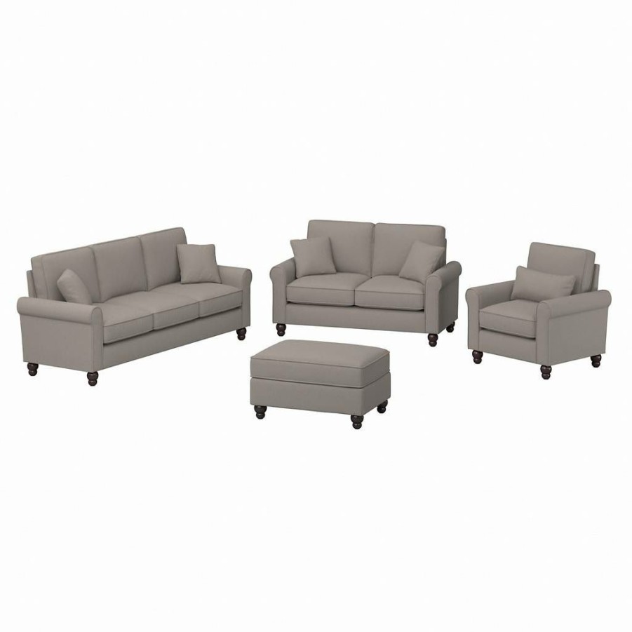 Living & Family Room Furniture * | Best Price Bush Furniture Hudson 85W Sofa With Loveseat, Accent Chair, And Ottoman In Beige Herringbone Bush Furniture Hdn020Bgh