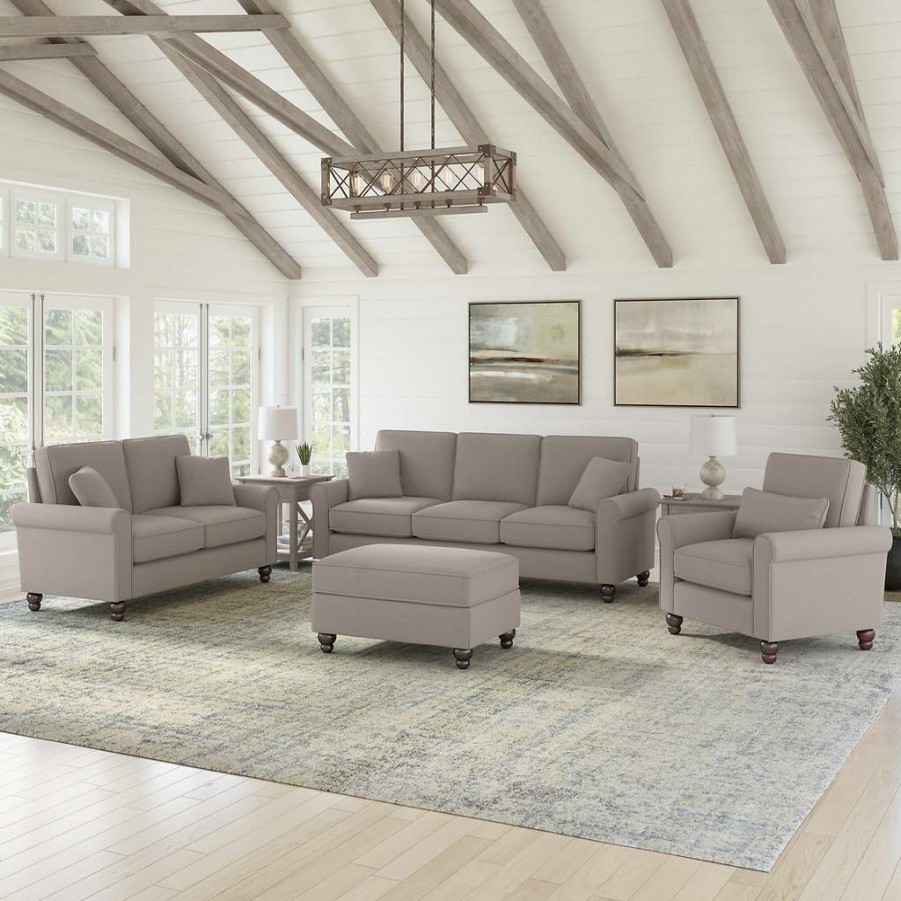 Living & Family Room Furniture * | Best Price Bush Furniture Hudson 85W Sofa With Loveseat, Accent Chair, And Ottoman In Beige Herringbone Bush Furniture Hdn020Bgh