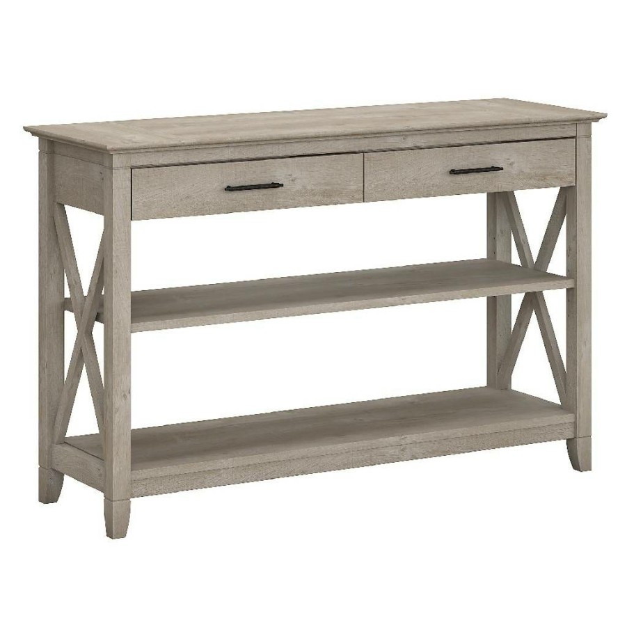 Living & Family Room Furniture * | Clearance Sale Bush Furniture Key West Console Table W/ Drawers & Shelves In Washed Gray Kwt248Wg-03