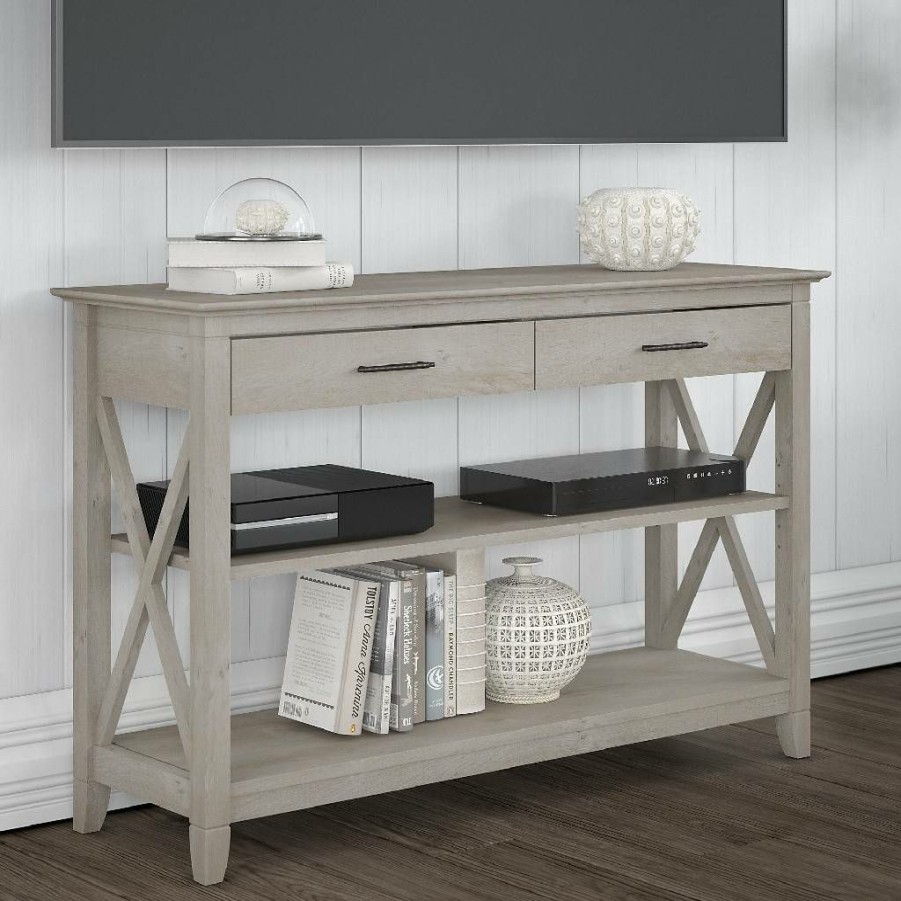 Living & Family Room Furniture * | Clearance Sale Bush Furniture Key West Console Table W/ Drawers & Shelves In Washed Gray Kwt248Wg-03