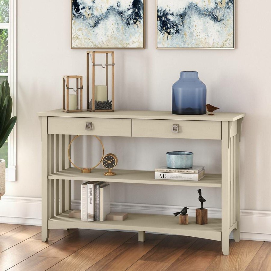 Living & Family Room Furniture * | Limit Offer Salinas Console Table With Drawers And Shelves In Antique White Bush Furniture Sat148Aw-03