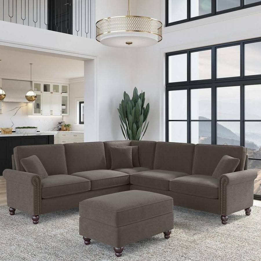 Living & Family Room Furniture * | Discounts Bush Furniture Coventry 99W L Shaped Sectional Couch With Ottoman In Chocolate Brown Microsuede Bush Furniture Cvn003Cbm