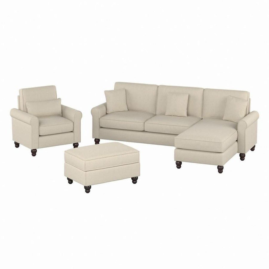 Living & Family Room Furniture * | Limited Edition Bush Furniture Hudson 102W Sectional Couch With Reversible Chaise Lounge, Accent Chair, And Ottoman In Cream Herringbone Bush Furniture Hdn021Crh