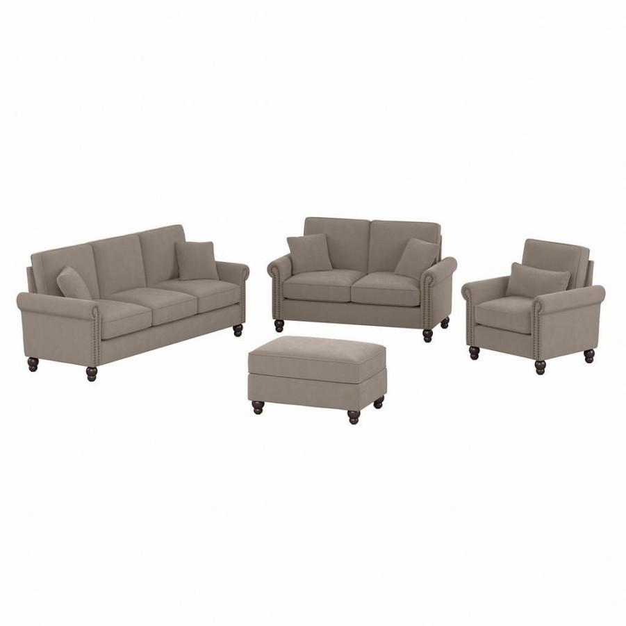 Living & Family Room Furniture * | Wholesale Bush Furniture Coventry 85W Sofa With Loveseat, Accent Chair, And Ottoman In Tan Microsuede Bush Furniture Cvn020Tnm