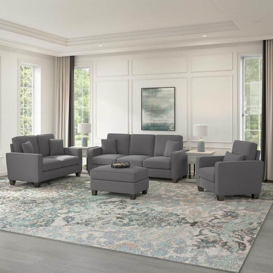 Living & Family Room Furniture * | Clearance Sale Stockton 85W Sofa W/ Loveseat, Accent Chair & Ottoman In Light French Gray Herringbone Bush Furniture Skt020Fgh