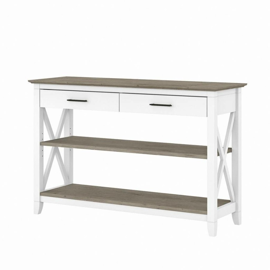 Living & Family Room Furniture * | Discounts Bush Furniture Key West Console Table With Drawers And Shelves In Pure White And Shiplap Gray Bush Furniture Kwt248G2W-03