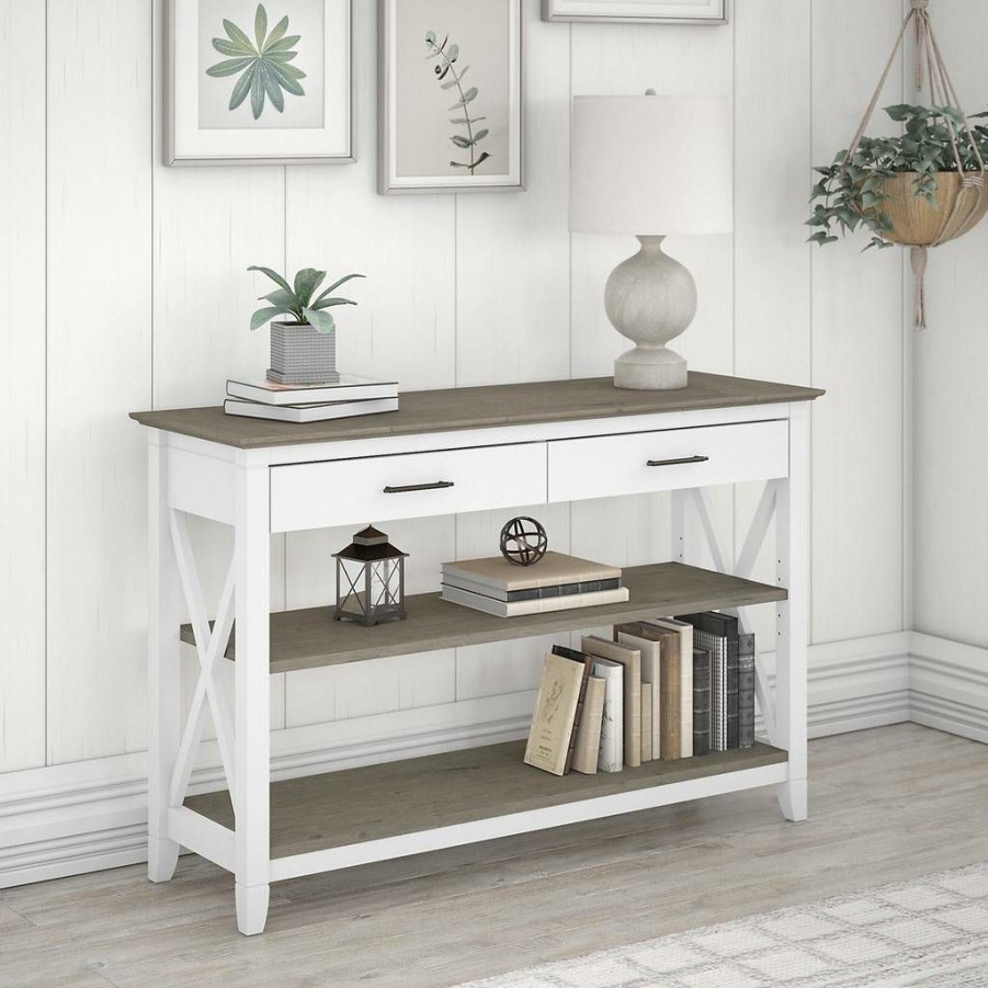 Living & Family Room Furniture * | Discounts Bush Furniture Key West Console Table With Drawers And Shelves In Pure White And Shiplap Gray Bush Furniture Kwt248G2W-03