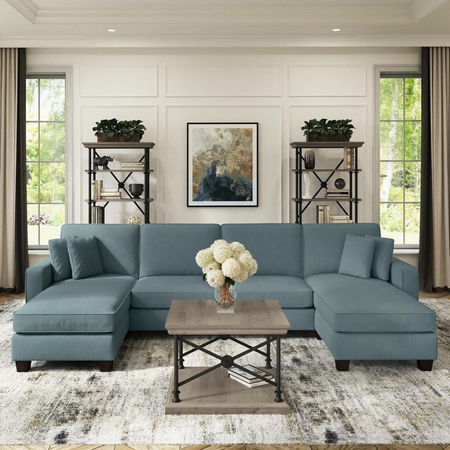 Living & Family Room Furniture * | Featured Bush Furniture Stockton 130W Sectional Couch With Double Chaise Lounge In Turkish Blue Herringbone Sny130Stbh-03K