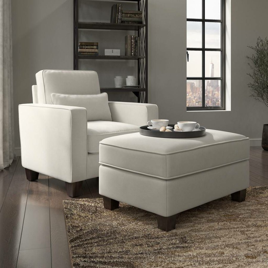 Living & Family Room Furniture * | Wholesale Stockton Accent Chair W/ Ottoman Set In Light Beige Microsuede Bush Furniture Skt010Lbm