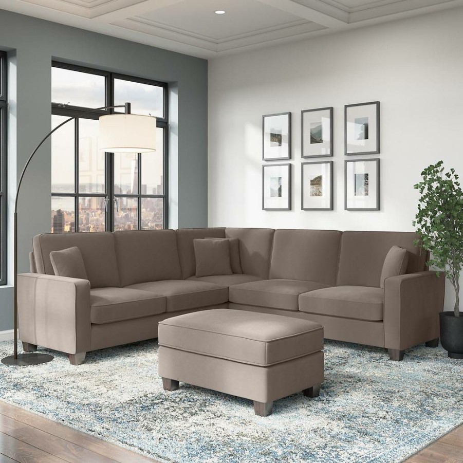 Living & Family Room Furniture * | Exclusive Design Stockton 99W L Shaped Sectional Couch W/ Ottoman In Tan Microsuede Bush Furniture Skt003Tnm