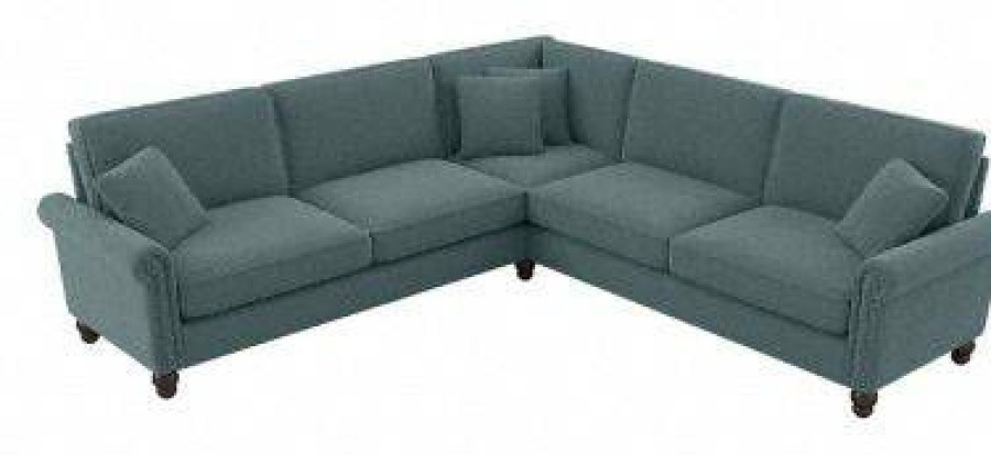 Living & Family Room Furniture * | Online Bush Furniture Coventry 99W L Shaped Sectional Couch In Turkish Blue Herringbone Bush Furniture Cvy98Btbh-03K