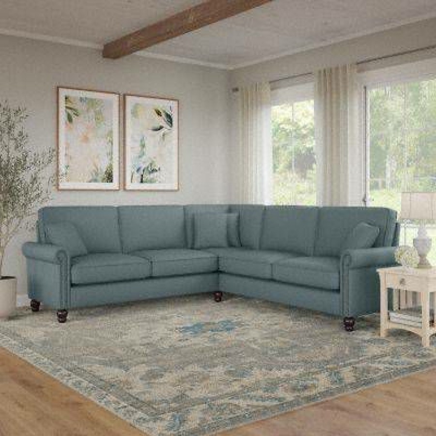 Living & Family Room Furniture * | Online Bush Furniture Coventry 99W L Shaped Sectional Couch In Turkish Blue Herringbone Bush Furniture Cvy98Btbh-03K