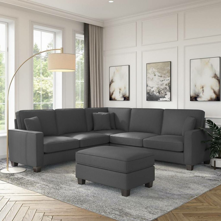 Living & Family Room Furniture * | Best Price Stockton 99W L Shaped Sectional Couch W/ Ottoman In Charcoal Gray Herringbone Bush Furniture Skt003Cgh