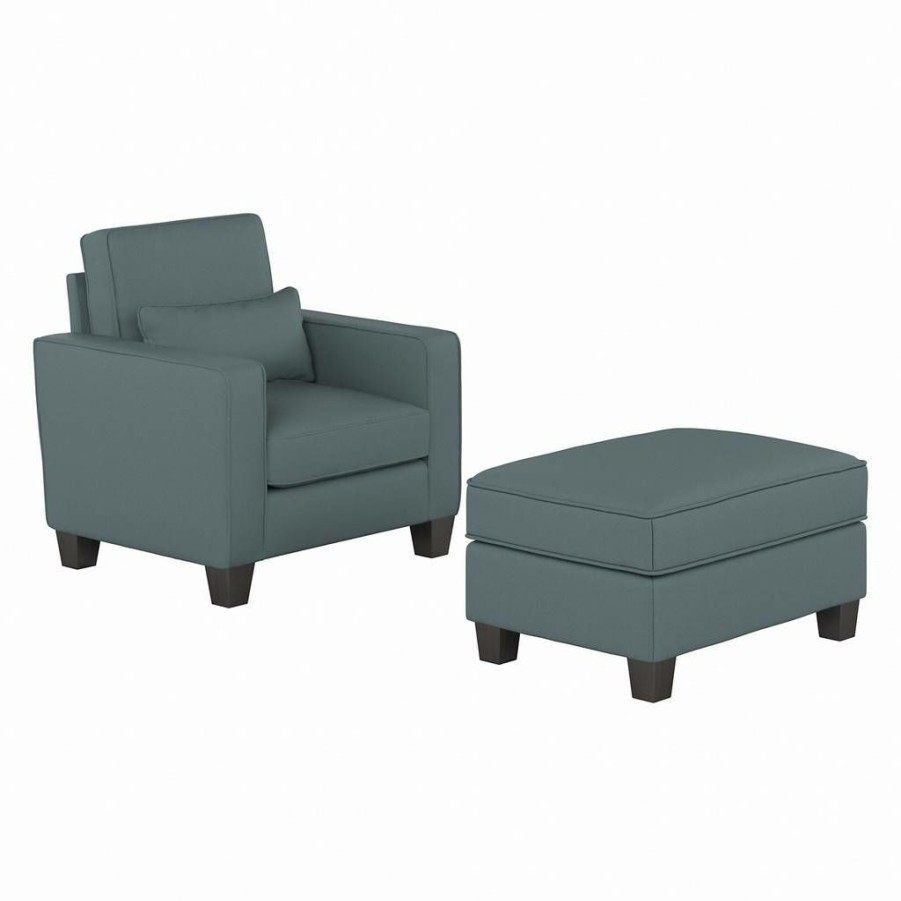 Living & Family Room Furniture * | Wholesale Stockton Accent Chair W/ Ottoman Set In Turkish Blue Herringbone Bush Furniture Skt010Tbh