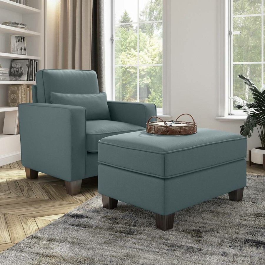 Living & Family Room Furniture * | Wholesale Stockton Accent Chair W/ Ottoman Set In Turkish Blue Herringbone Bush Furniture Skt010Tbh