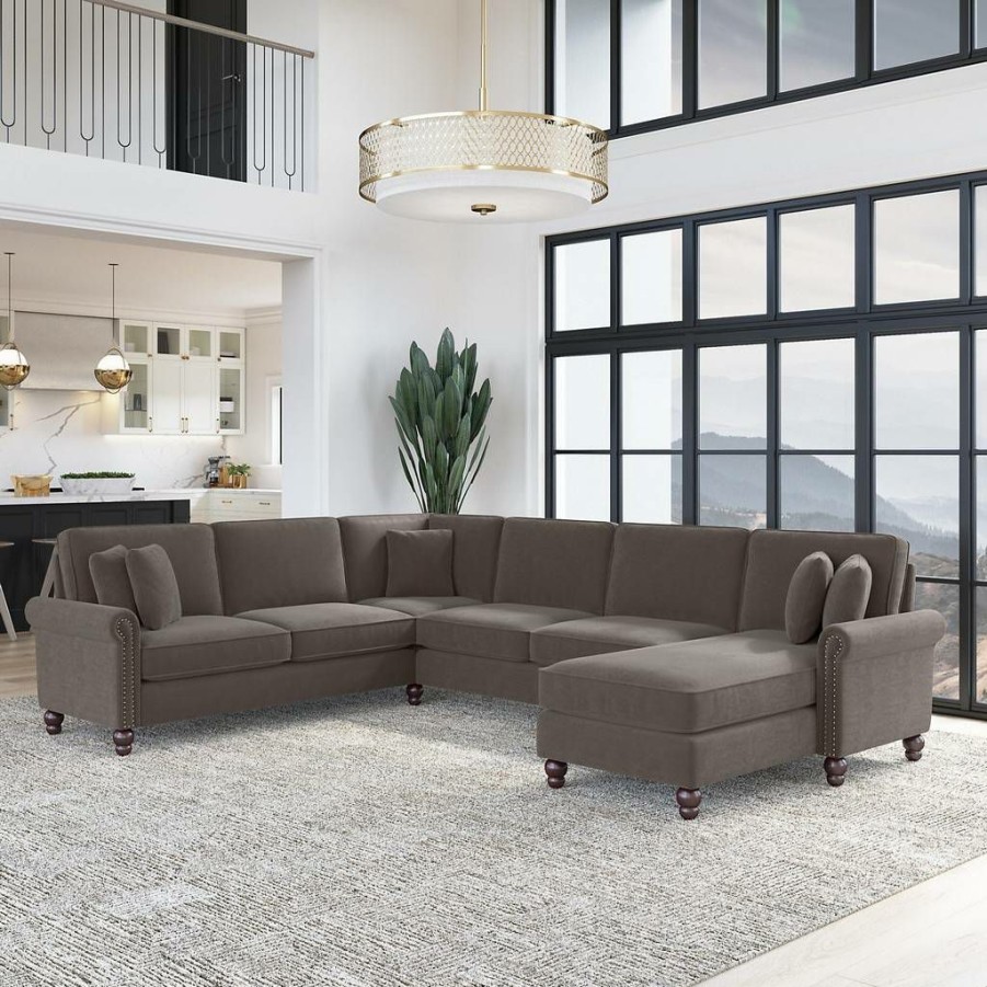 Living & Family Room Furniture * | Crazy Deals Bush Furniture Coventry 128W U Shaped Sectional Couch With Reversible Chaise Lounge In Chocolate Brown Microsuede Bush Furniture Cvy127Bcbm-03K