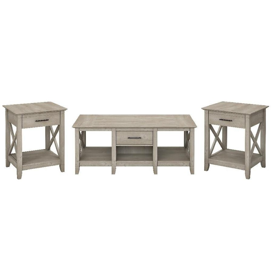 Living & Family Room Furniture * | Large Choice Bush Furniture Key West Coffee Table W/ Set Of 2 End Tables In Washed Gray Kws023Wg