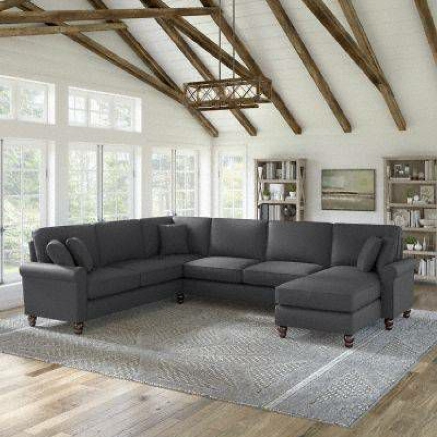 Living & Family Room Furniture * | Promotions Bush Furniture Hudson 128W U Shaped Sectional Couch With Reversible Chaise Lounge In Charcoal Gray Herringbone Bush Furniture Hdy127Bcgh-03K