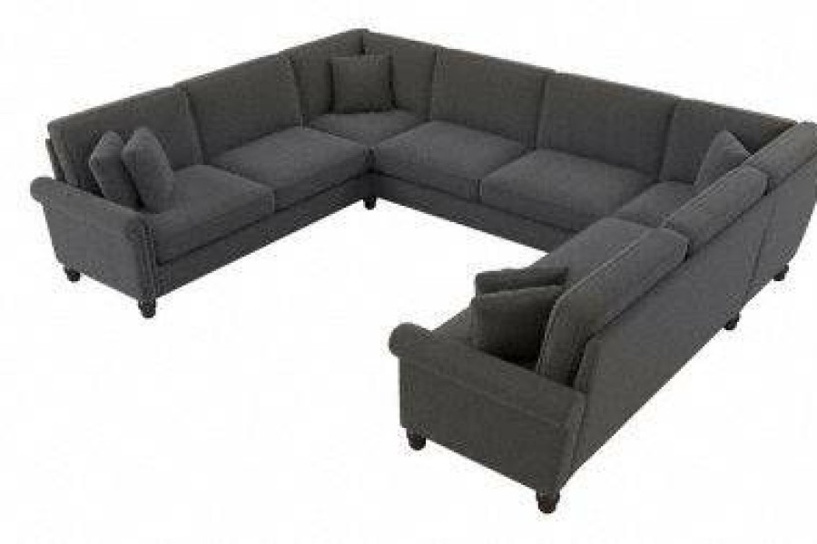 Living & Family Room Furniture * | Quick Delivery Bush Furniture Coventry 125W U Shaped Sectional Couch In Charcoal Gray Herringbone Bush Furniture Cvy123Bcgh-03K