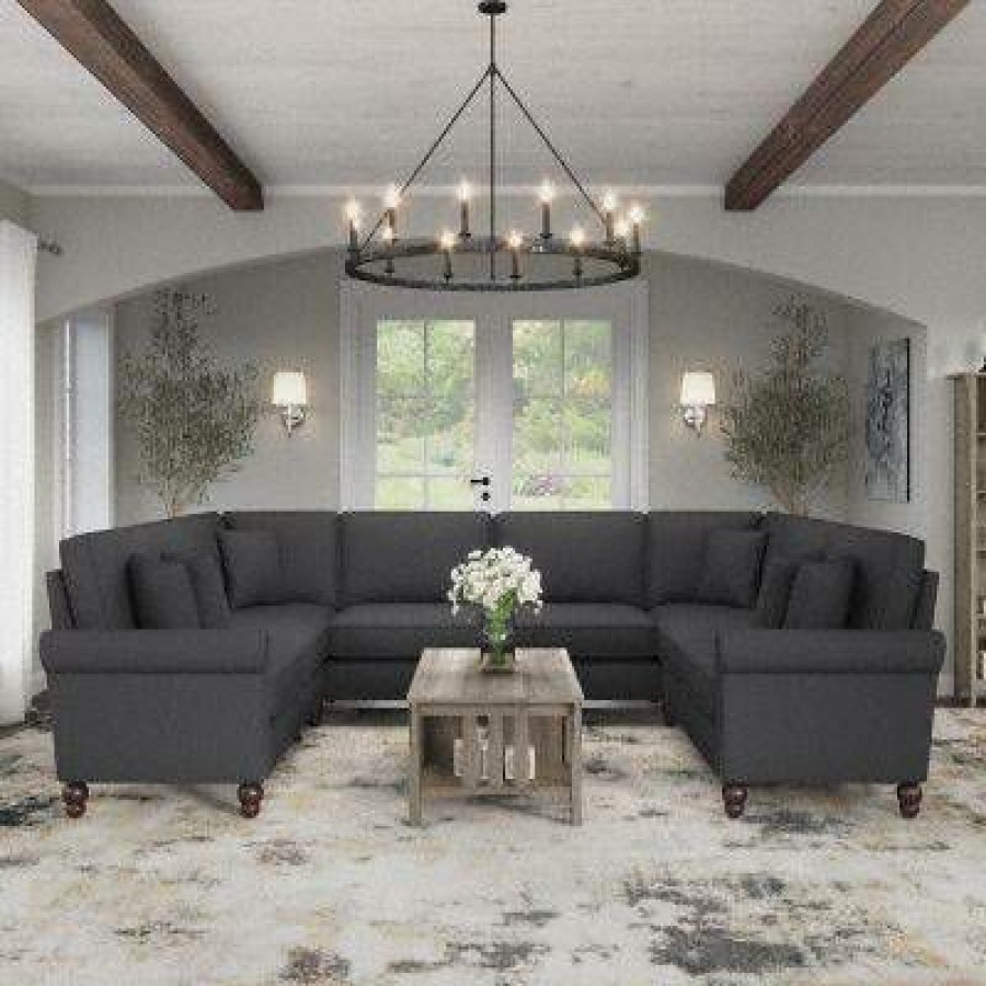 Living & Family Room Furniture * | Quick Delivery Bush Furniture Coventry 125W U Shaped Sectional Couch In Charcoal Gray Herringbone Bush Furniture Cvy123Bcgh-03K