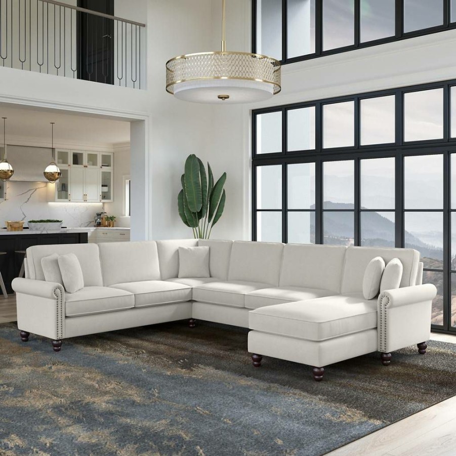 Living & Family Room Furniture * | Hot Sell Bush Furniture Coventry 128W U Shaped Sectional Couch With Reversible Chaise Lounge In Light Beige Microsuede Bush Furniture Cvy127Blbm-03K