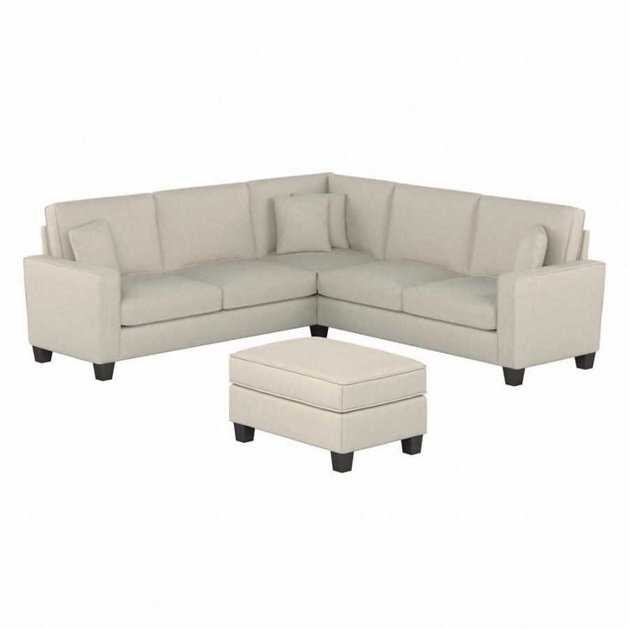 Living & Family Room Furniture * | Large Choice Stockton 99W L Shaped Sectional Couch W/ Ottoman In Cream Herringbone Bush Furniture Skt003Crh