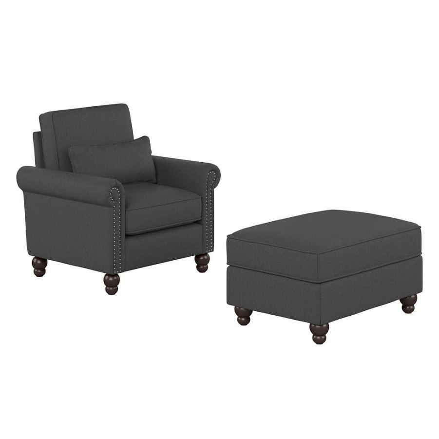 Living & Family Room Furniture * | Wholesale Bush Furniture Coventry Accent Chair With Ottoman Set In Charcoal Gray Herringbone Bush Furniture Cvn010Cgh