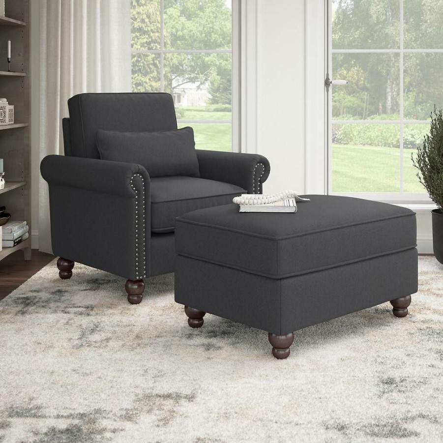 Living & Family Room Furniture * | Wholesale Bush Furniture Coventry Accent Chair With Ottoman Set In Charcoal Gray Herringbone Bush Furniture Cvn010Cgh