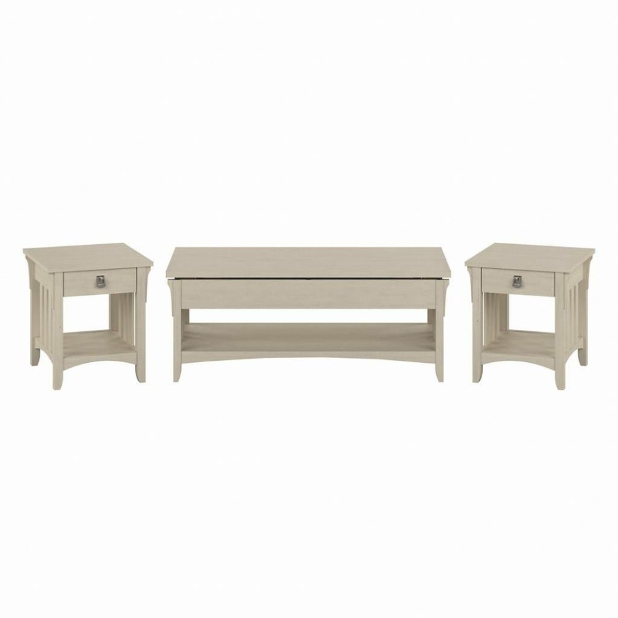 Living & Family Room Furniture * | Exclusive Design Bush Furniture Salinas Lift Top Coffee Table Desk With End Tables In Antique White Bush Furniture Sal072Aw