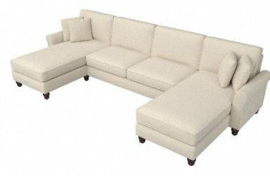 Living & Family Room Furniture * | Clearance Sale Bush Furniture Hudson 131W Sectional Couch With Double Chaise Lounge In Cream Herringbone Bush Furniture Hdy130Bcrh-03K