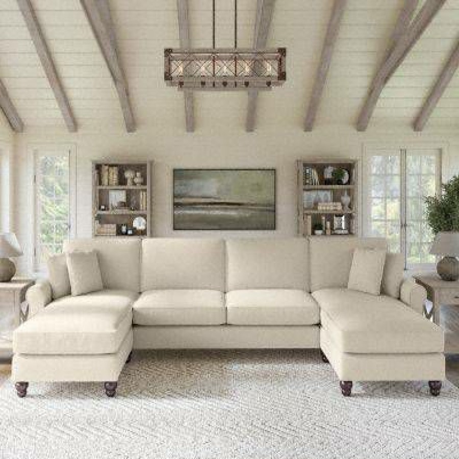 Living & Family Room Furniture * | Clearance Sale Bush Furniture Hudson 131W Sectional Couch With Double Chaise Lounge In Cream Herringbone Bush Furniture Hdy130Bcrh-03K