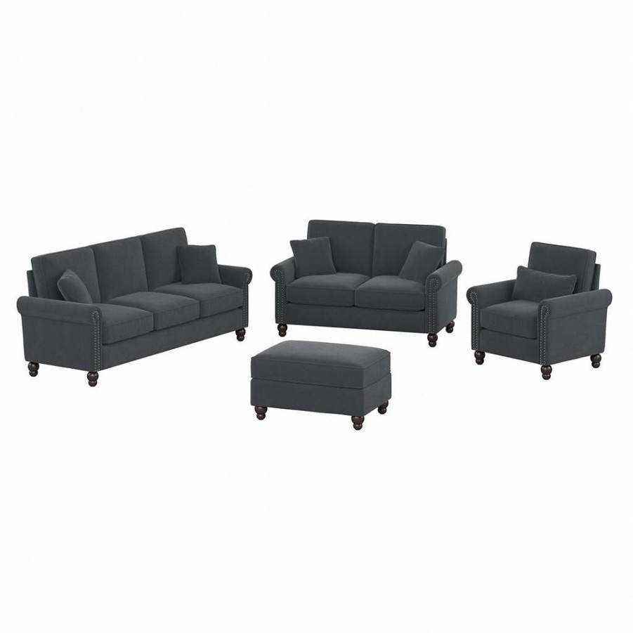 Living & Family Room Furniture * | Quick Delivery Bush Furniture Coventry 85W Sofa With Loveseat, Accent Chair, And Ottoman In Dark Gray Microsuede Bush Furniture Cvn020Dgm