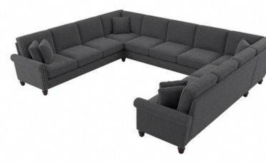 Living & Family Room Furniture * | Quick Delivery Bush Furniture Coventry 137W U Shaped Sectional Couch In Charcoal Gray Herringbone Bush Furniture Cvy135Bcgh-03K