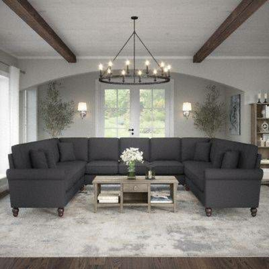 Living & Family Room Furniture * | Quick Delivery Bush Furniture Coventry 137W U Shaped Sectional Couch In Charcoal Gray Herringbone Bush Furniture Cvy135Bcgh-03K