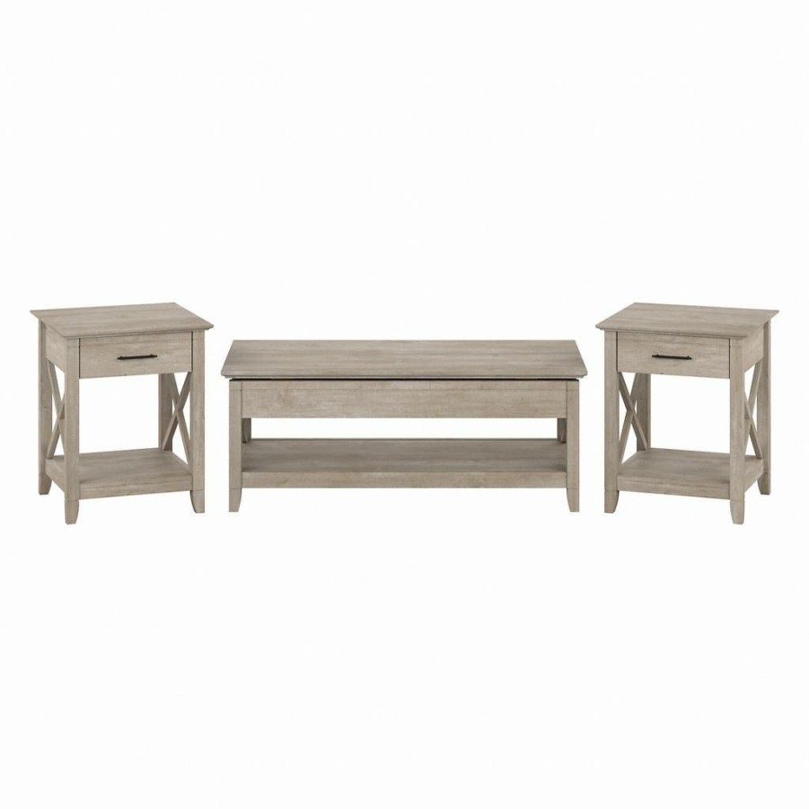 Living & Family Room Furniture * | Wholesale Bush Furniture Key West Lift Top Coffee Table Desk With End Tables In Washed Gray Bush Furniture Kws076Wg