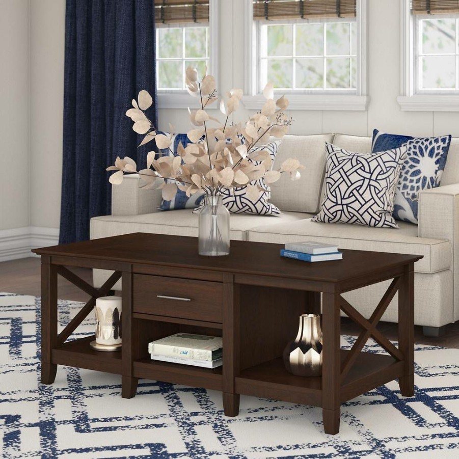 Living & Family Room Furniture * | Discounts Key West Coffee Table With Storage In Bing Cherry Bush Furniture Kwt148Bc-03