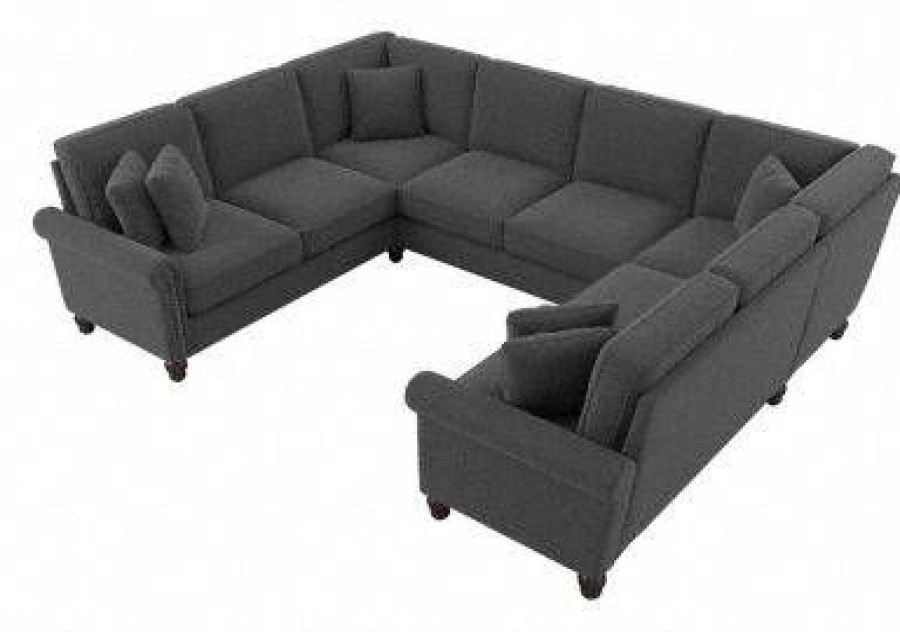 Living & Family Room Furniture * | Shoping Bush Furniture Coventry 113W U Shaped Sectional Couch In Charcoal Gray Herringbone Bush Furniture Cvy112Bcgh-03K