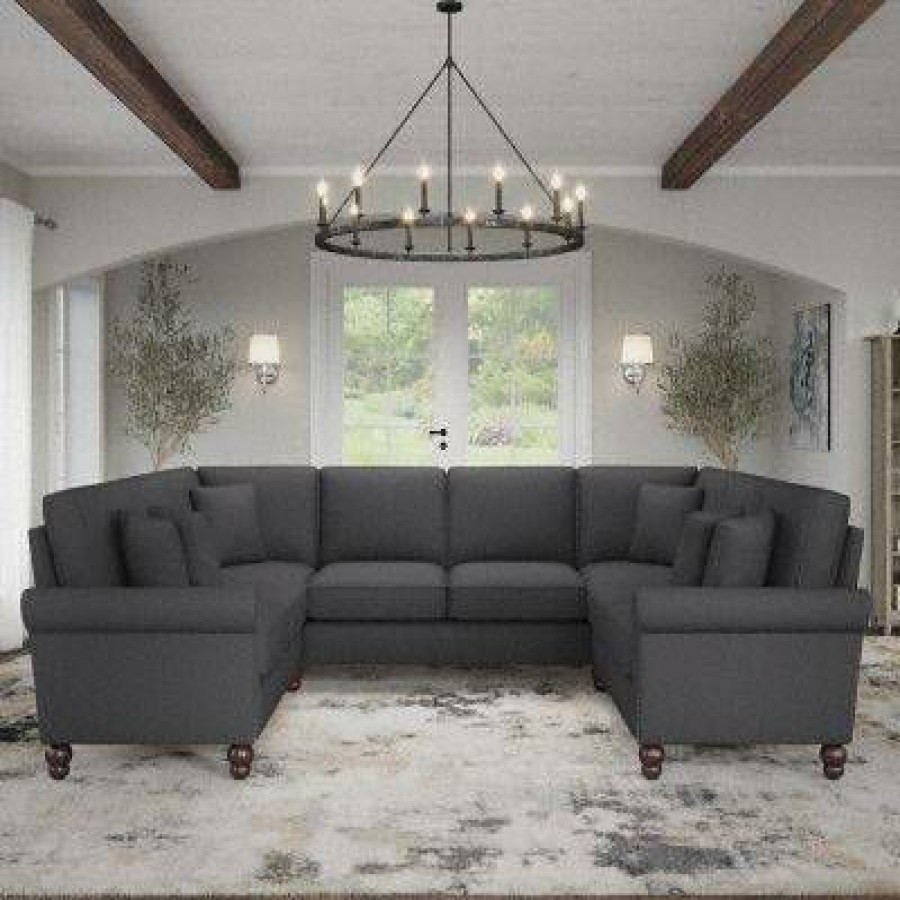 Living & Family Room Furniture * | Shoping Bush Furniture Coventry 113W U Shaped Sectional Couch In Charcoal Gray Herringbone Bush Furniture Cvy112Bcgh-03K