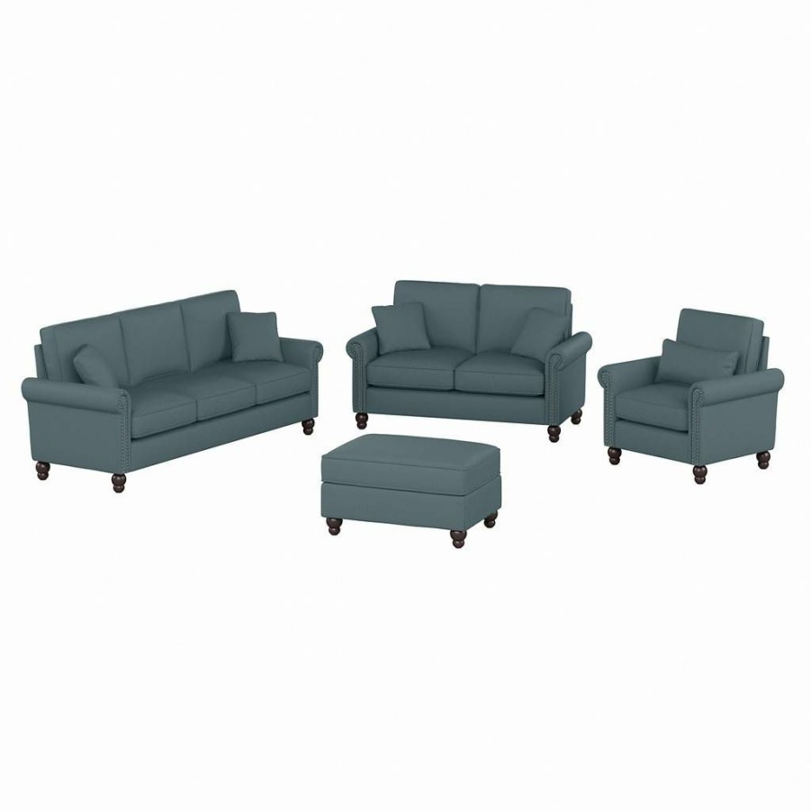 Living & Family Room Furniture * | Clearance Sale Bush Furniture Coventry 85W Sofa With Loveseat, Accent Chair, And Ottoman In Turkish Blue Herringbone Bush Furniture Cvn020Tbh