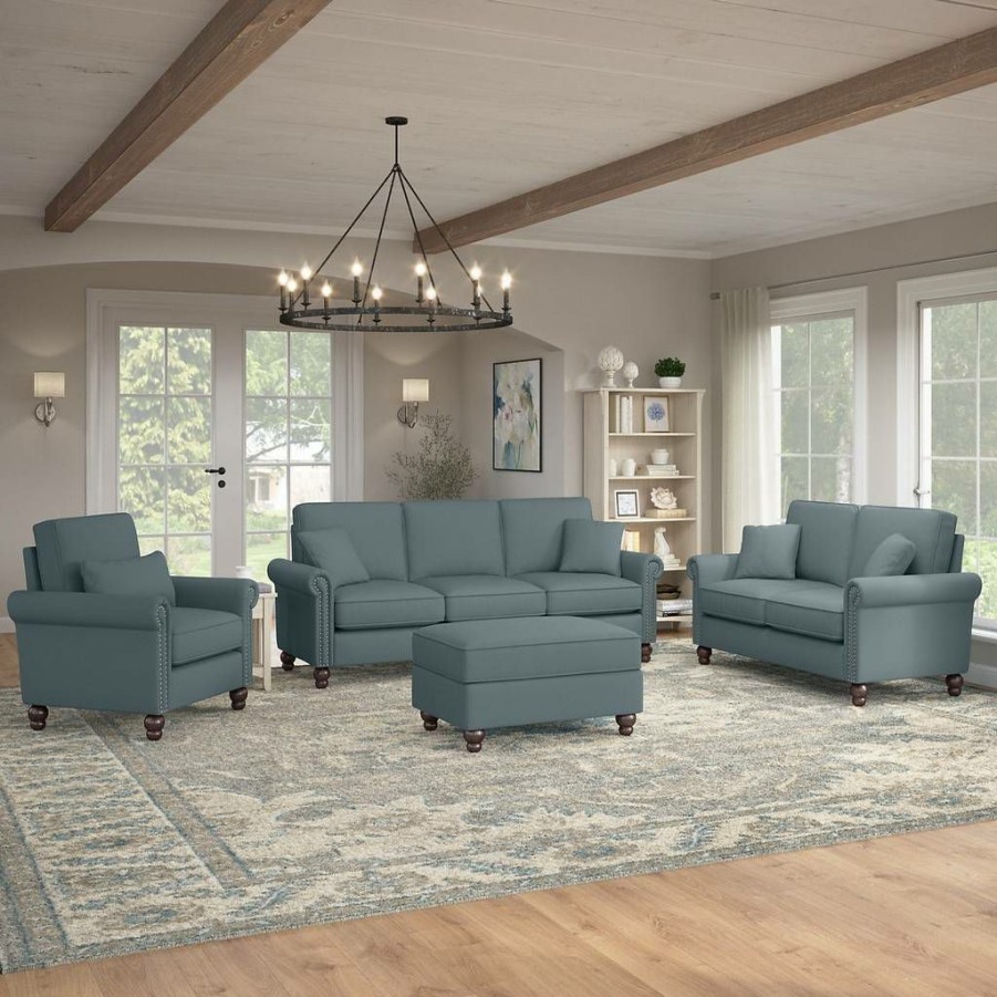 Living & Family Room Furniture * | Clearance Sale Bush Furniture Coventry 85W Sofa With Loveseat, Accent Chair, And Ottoman In Turkish Blue Herringbone Bush Furniture Cvn020Tbh