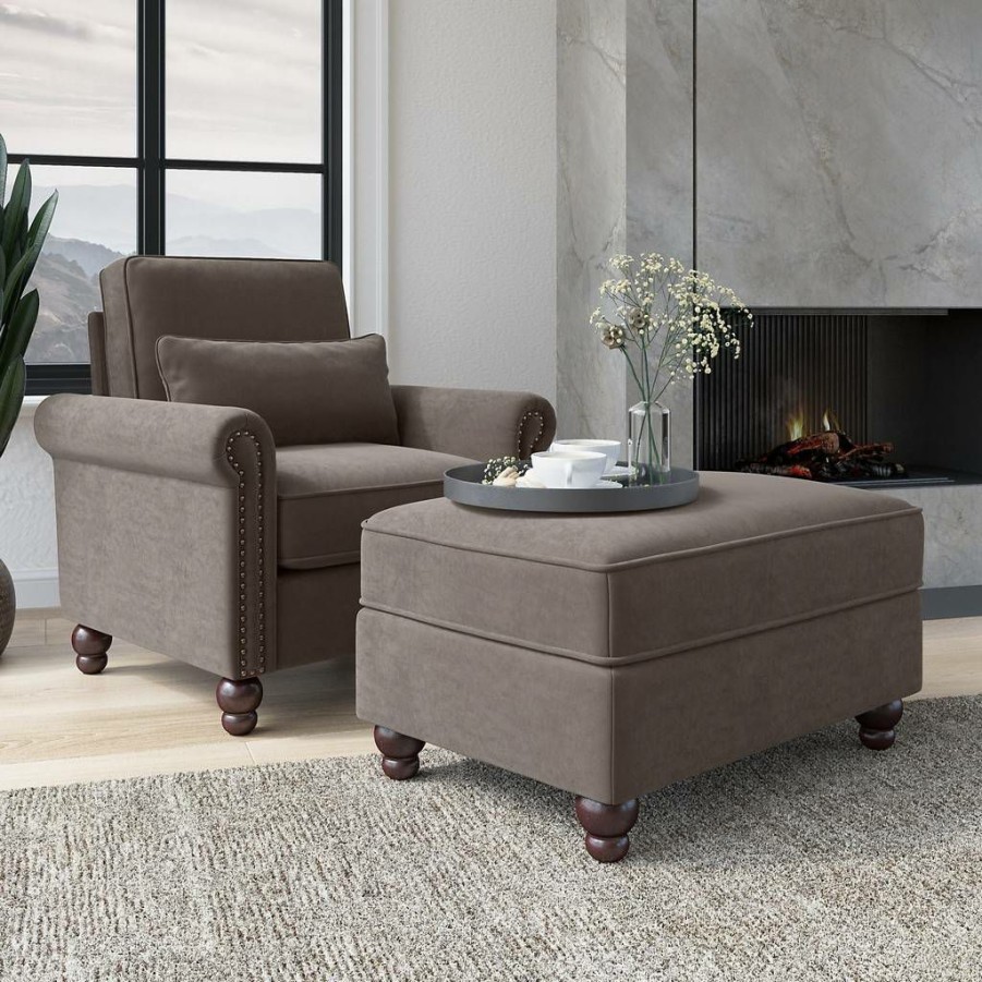 Living & Family Room Furniture * | Best Sale Bush Furniture Coventry Accent Chair With Ottoman Set In Chocolate Brown Microsuede Bush Furniture Cvn010Cbm