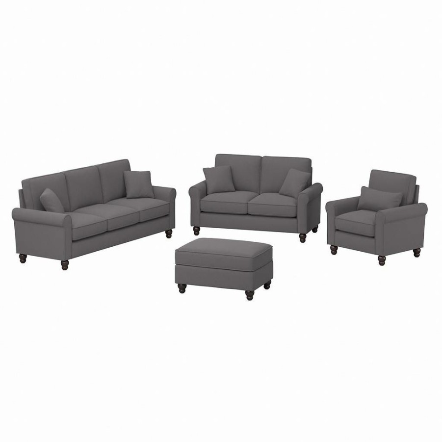 Living & Family Room Furniture * | Classical Bush Furniture Hudson 85W Sofa With Loveseat, Accent Chair, And Ottoman In Light French Gray Herringbone Bush Furniture Hdn020Fgh