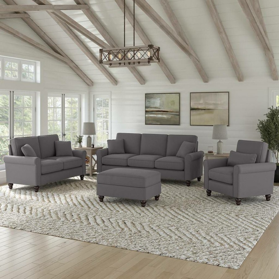 Living & Family Room Furniture * | Classical Bush Furniture Hudson 85W Sofa With Loveseat, Accent Chair, And Ottoman In Light French Gray Herringbone Bush Furniture Hdn020Fgh