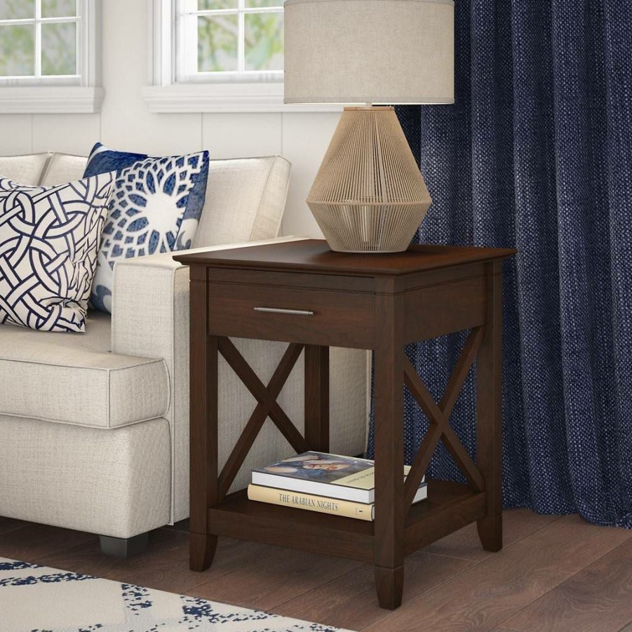 Living & Family Room Furniture * | Hot Sell Key West End Table With Storage In Bing Cherry Bush Furniture Kwt120Bc-03