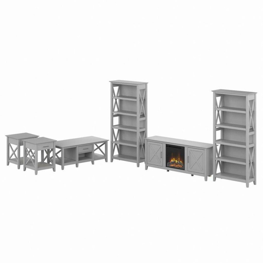 Living & Family Room Furniture * | Shoping Bush Furniture Key West Electric Fireplace Tv Stand With Bookcases And Living Room Table Set In Cape Cod Gray Bush Furniture Kws073Cg