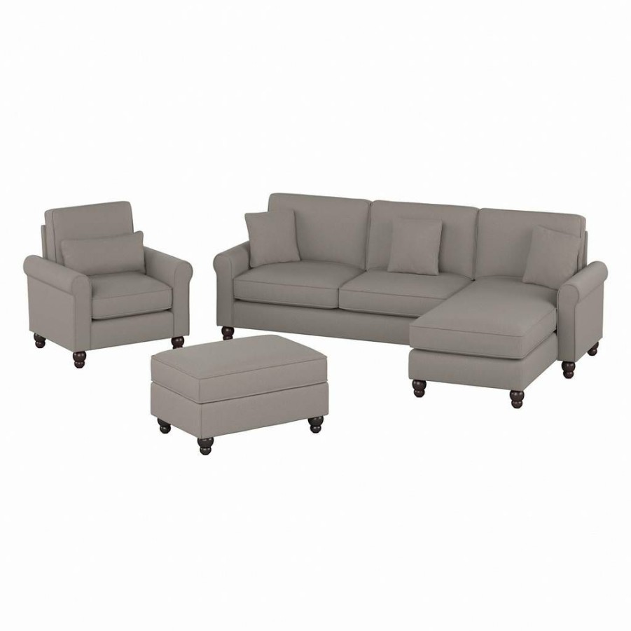 Living & Family Room Furniture * | Promotions Bush Furniture Hudson 102W Sectional Couch With Reversible Chaise Lounge, Accent Chair, And Ottoman In Beige Herringbone Bush Furniture Hdn021Bgh